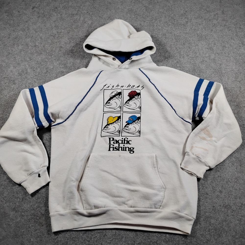 Vintage Jerzees Pacific Fishing Hoodie Mens Medium White Fish‎ In Hats 80s USA